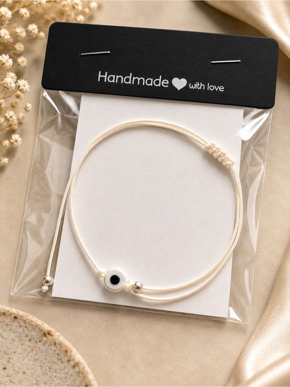 Handmade Cream Evil Eye Cord Bracelet